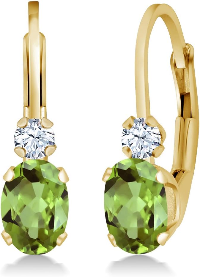 Gem Stone King 14K Yellow Gold Green Peridot and White Created Sapphire Leverback Earrings For Women | 1.08 Cttw | Gemstone August Birthstone | Oval 6X4MM, Round 2MM | 3/4 Inch