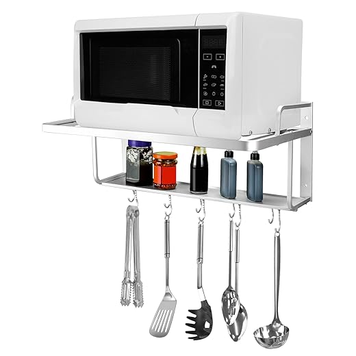 QWORK Microwave Oven Rack Shelf, Wall Mount Electric Oven Holders, Aluminum Double-Layer Microwave & Spice Rack, 2 Shelves with 10 Hooks, Support Load 88lbs, 21.65"x15"x9.84"