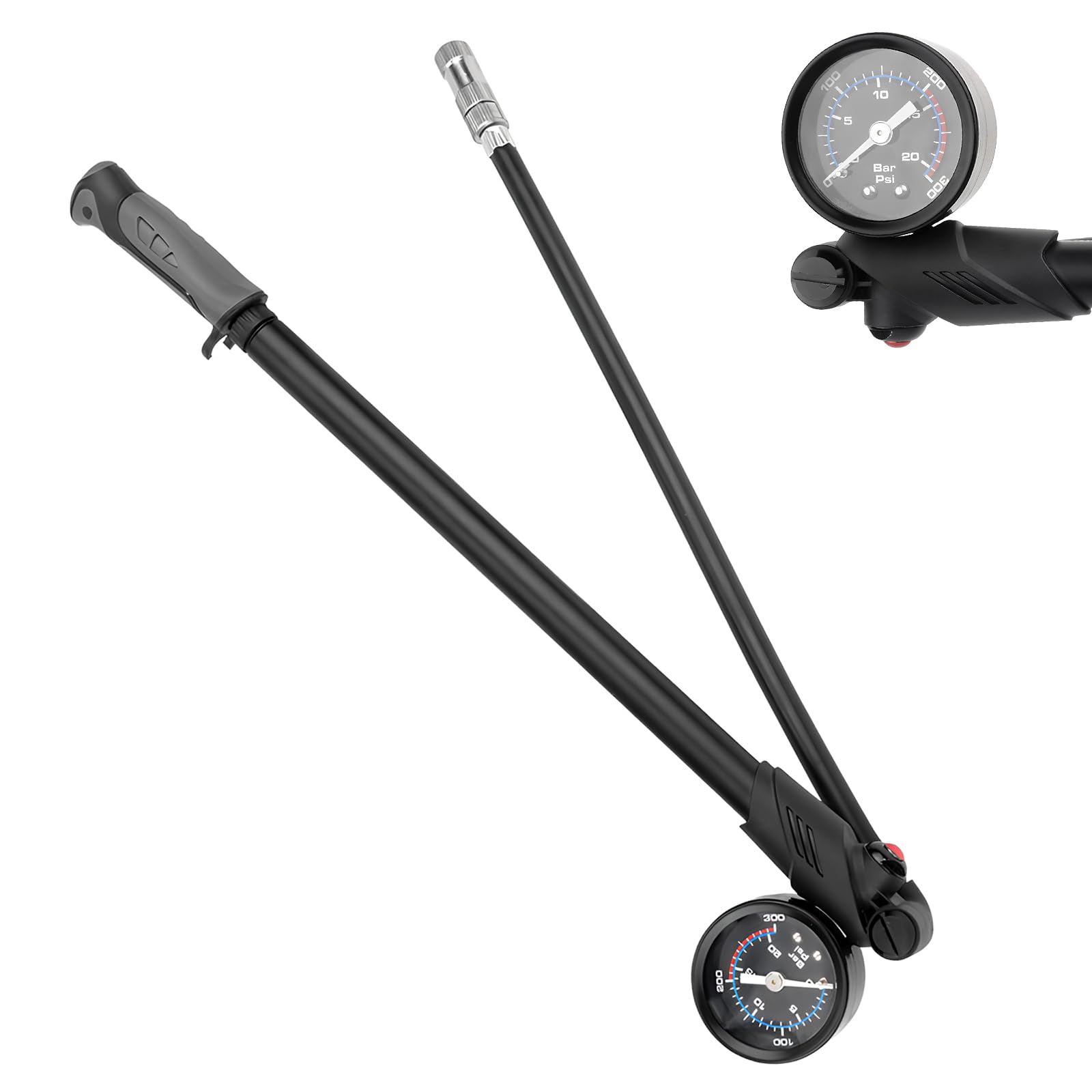 Pompa Bici per Forcella(Max 300 PSI), Pompa per Ammortizzatori Ad Alta Pressione, Pompe Ad Alta Pressione da Bicicletta con Manometro e Pulsante di Spurgo per Forcelle MTB e Sospensioni Posteriori