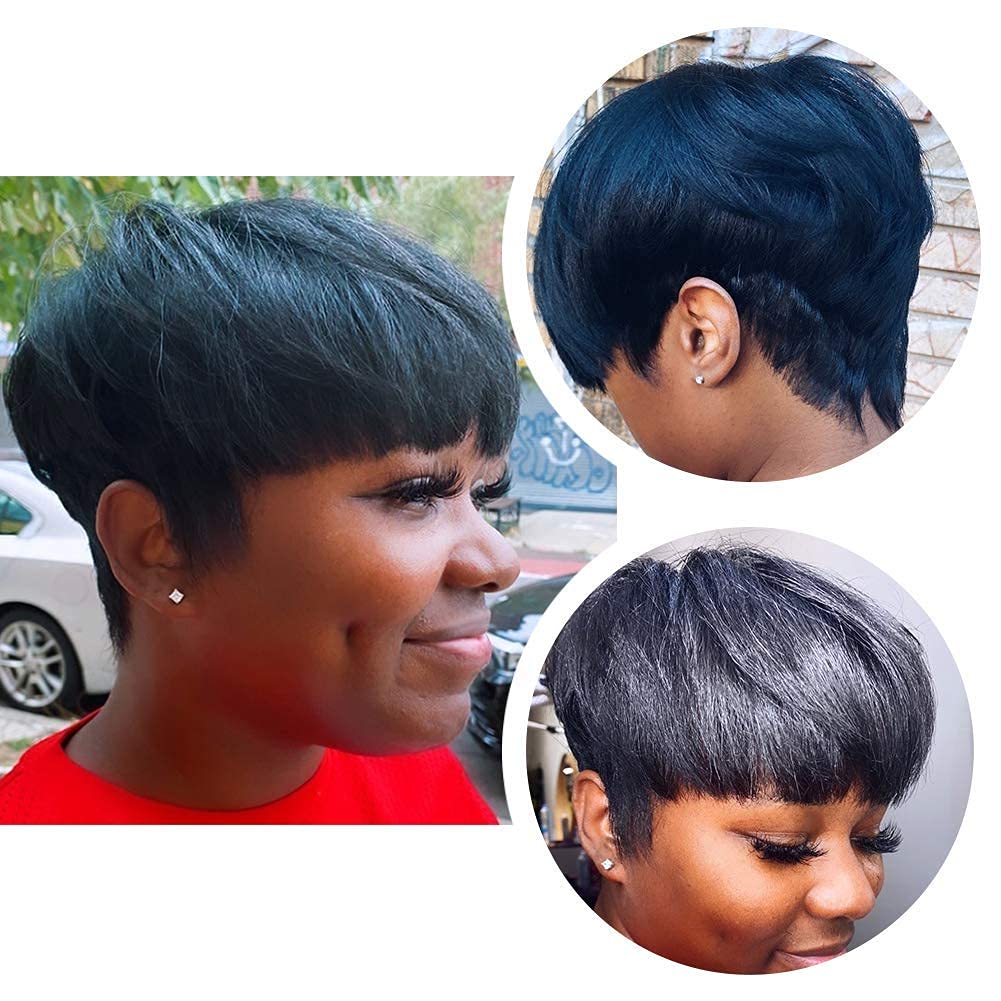 BEEOS Pixie Cut Human Hair Wigs Straight Short Hair Wigs Brazilian Virgin  Hair with Neat Bangs Full Machine Made Non Lace Front Wigs for Black Women  Natural Black - Buy Online - 224023029