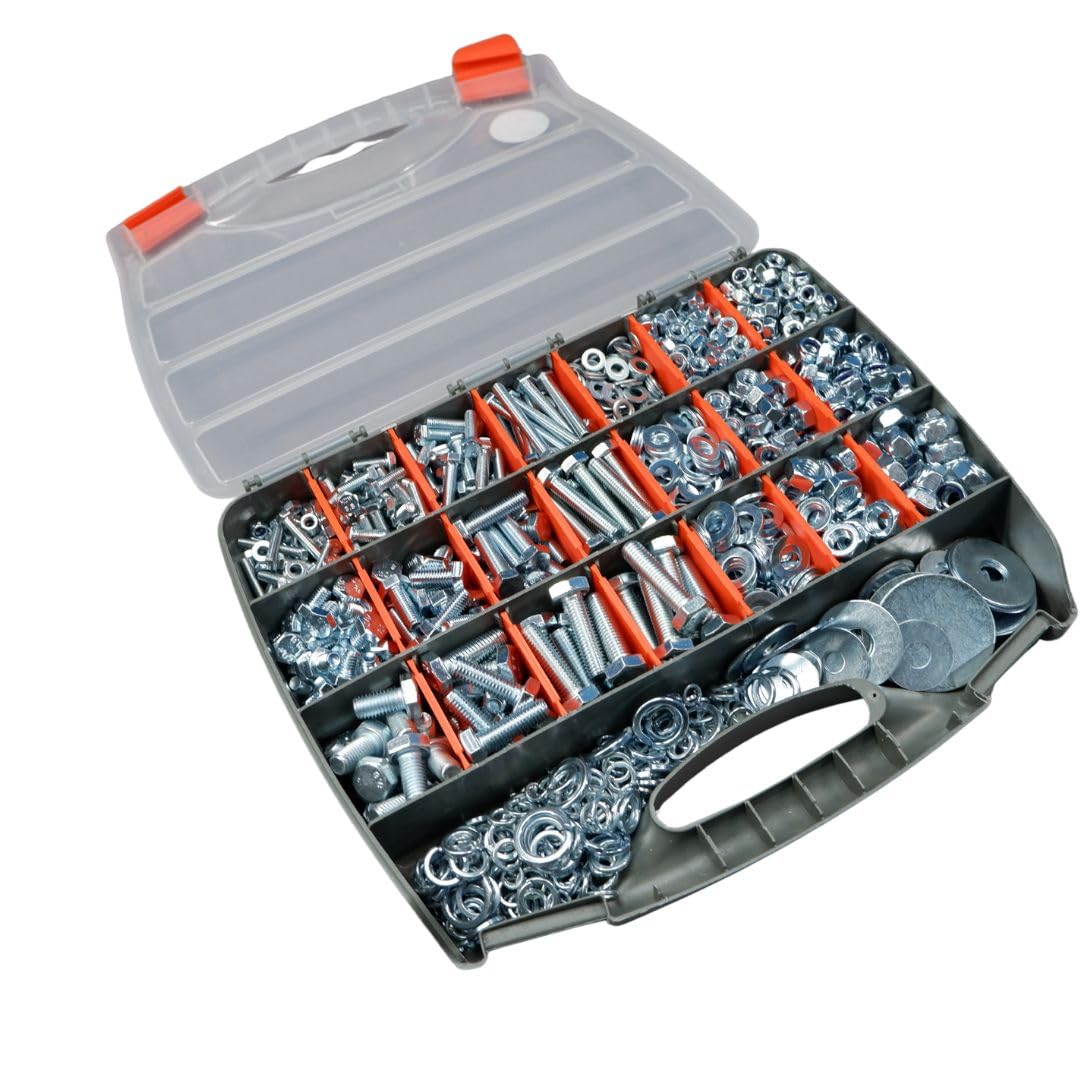 1500 Piece Assorted Zinc Plated Fastener Kit, M5, M6, M8 & M10 Nuts, Bolts and Washers, with 21 Compartment Organiser Case 6.5kgs