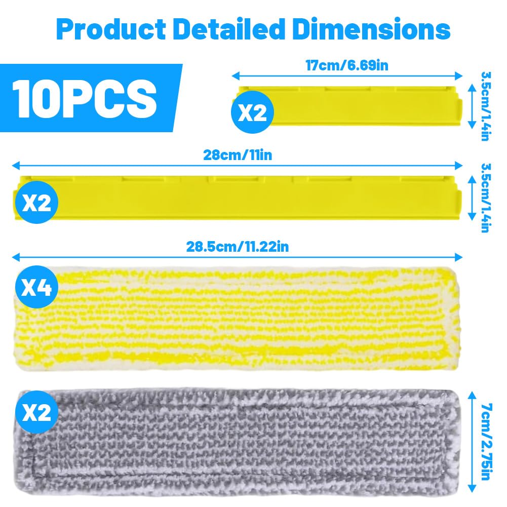 Lot de 10 accessoires pour aspirateur de fenêtre Kärcher WV6 WV 6 Plus WV7 : 6 pièces de serpillères en microfibre Tampons de rechange et 4 extracteurs de lèvre en caoutchouc, pièces de rechange