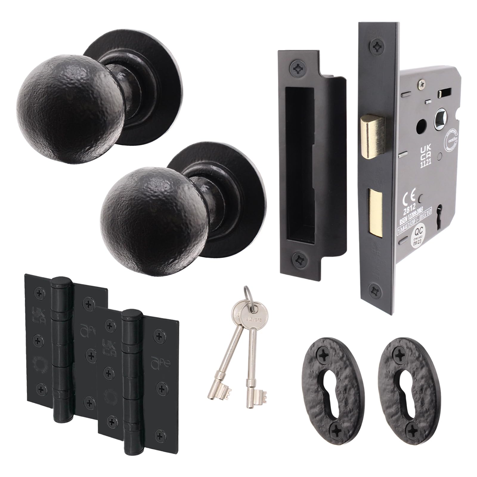 EAI Black Iron KeyLock Door Knob Set - 1 Pair of Cast Iron Antique Ball Mortice Knobs, Sash Lock (80mm) & Hinges (76mm)
