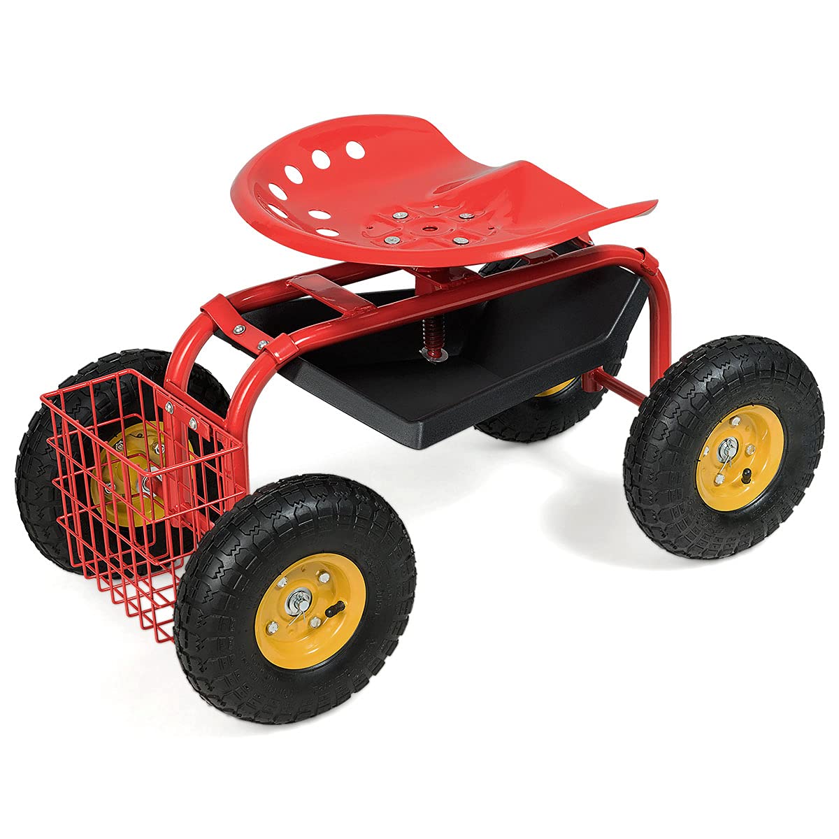 RELAX4LIFE Asiento con ruedas con estante y cesta, asiento de jardín con 4 ruedas, asiento de jardín giratorio 360 ° y altura ajustable 46 – 53 cm, asiento de trabajo móvil, soporta hasta 150 kg, para