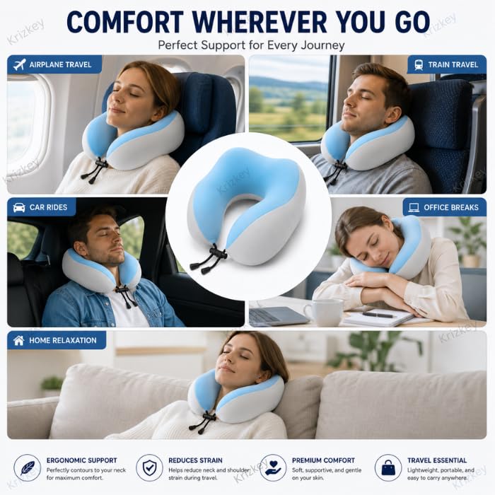 Image of Memory Foam Travel Neck Pillow with Portable Storage Case | Soft U-Shaped Neck Support Cushion for Airplane, Car, Train & Office | Lightweight Ergonomic Travel Pillow (Grey and Blue)