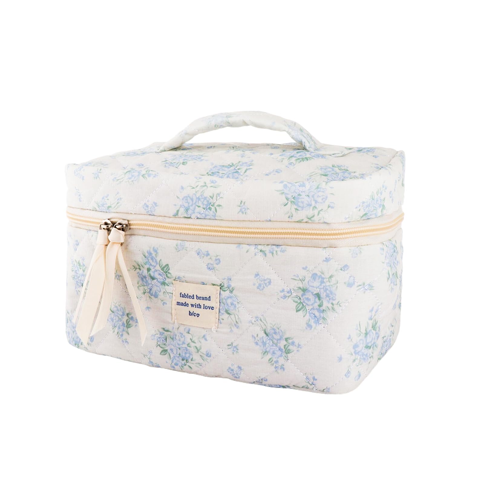 QLoztyse Quilted Cotton Makeup Bag - Blue Cute Floral Travel Cosmetic Bags Large Aesthetic Skincare Pouch with Compartments for Women and Girls Toiletry Organizer