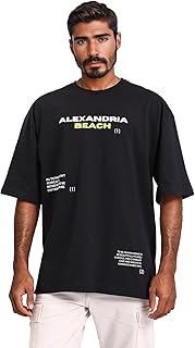 ريفين تيشيرت قطن فضفاض اسود مطبوع عليه "Alexandria Beach" للرجال، اسود، مقاس XL