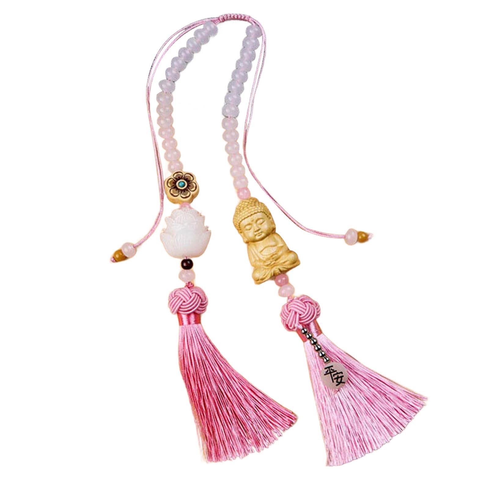 Car Rear View Mirror Pendant Lotus Bead Charms Car Dangling Buddha Statue Hanging Ornament for Backyard Outdoor Garden, Pink