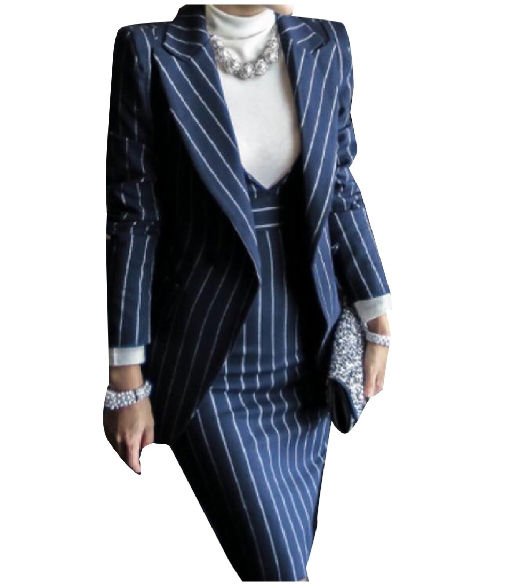 Zimaes-WomenSlim Fit Pinstripe Blazer and Bodycon Dress Suit Sets Dark Blue XS