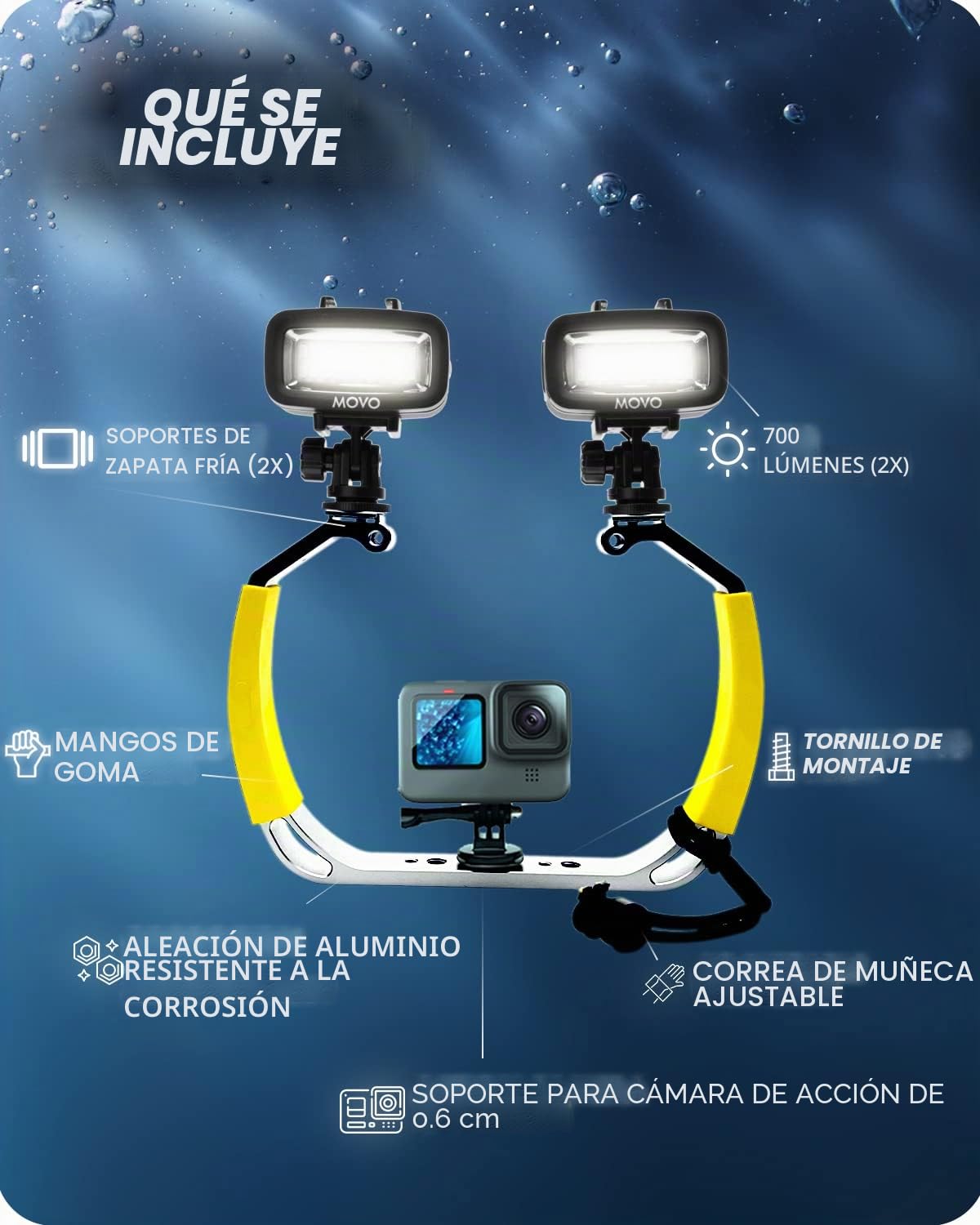 Movo DiveRig1 XL - Paquete de Aparejos de Buceo con Luces LED Impermeables - Compatible con GoPro Hero, HERO5, HERO6, HERO7, HERO8, HERO9, HERO10 y dji Osmo Action CAM - Accesorios de Buceo para