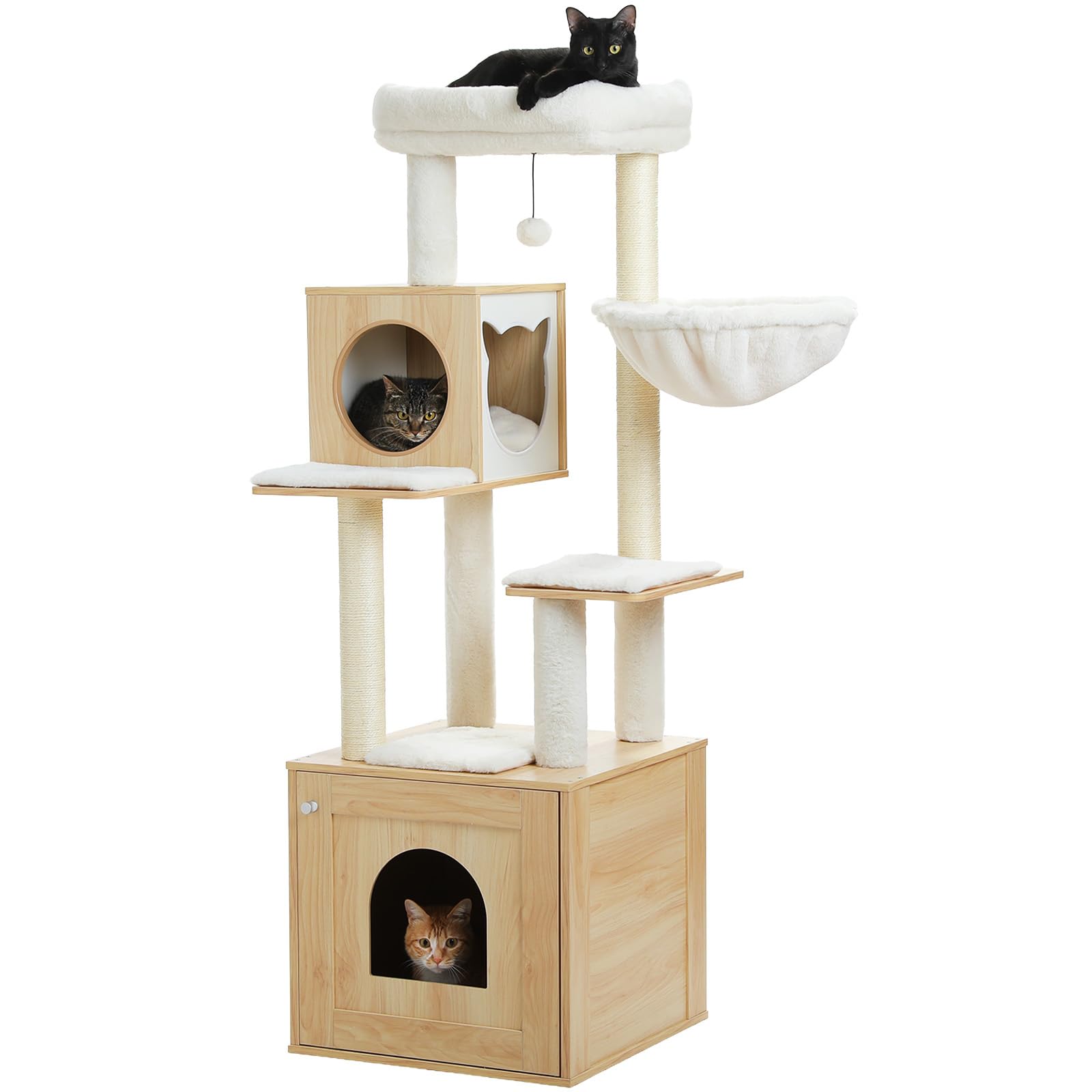 MIOMUM Tall Cat Tree with Litter Box Enclosure 57.5" Wooden Cat Tower for Large Cats with Cat Hammock House Bed (Pure Beige)
