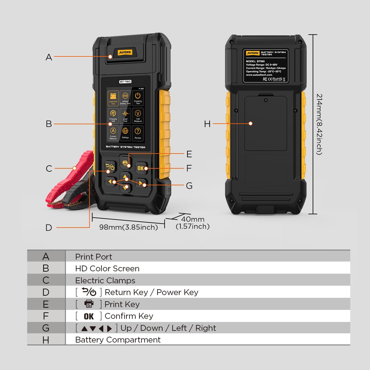 AUTOOL Batterietester kfz mit Drucker, BT960 12V 24V Autobatterie Tester, 30–2000 CCA Lasttester Batterie-/Anlass-/Ladesystemtest, Lead-acid Lithium Autobatterie Analysator für PKW-LKW ATV Auto Boote