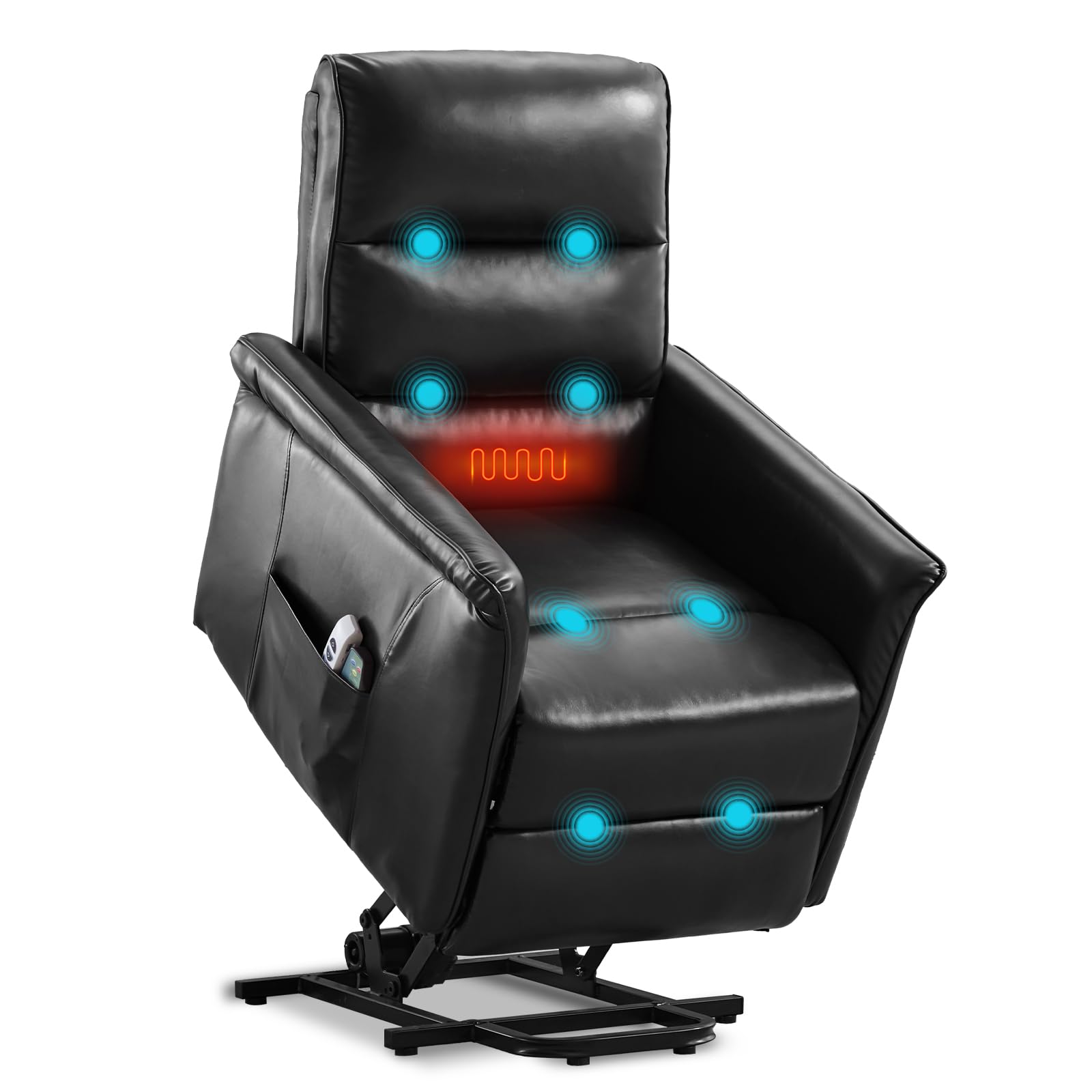 Power Lift Recliner Chairs for Elderly with Massage & Heating, Leather Electric Recliner with Lumbar Pillow/Cup Holders/Side Pockets/USB Ports for Home Living Room