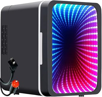 Mini Fridge, 6 Cans Small Refrigerator with Dimmable LED Light & Mirror Door, Portable Thermoelectric Cooler/Warmer for Bedroom, Office, Car and Gaming Room AC/DC Power