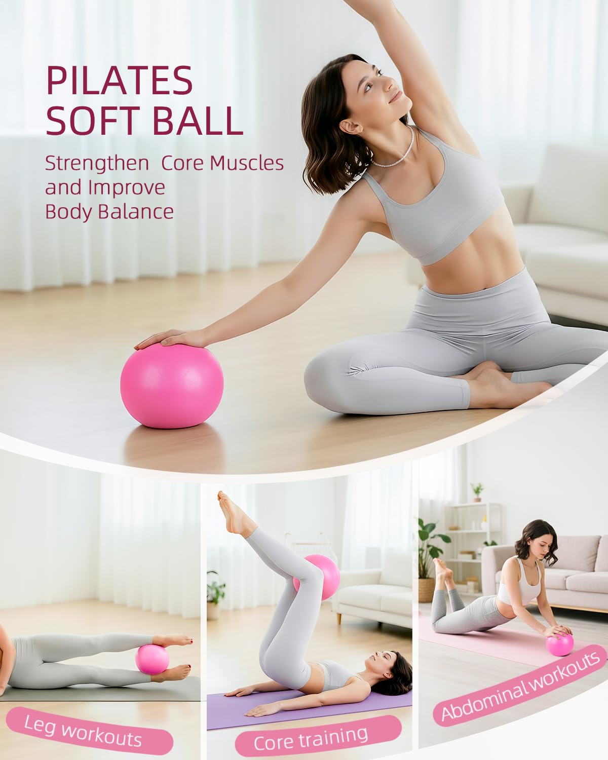 Kit Pilates Maison avec Anneau 35cm, Ballon 25cm et Bandes Résistance - Set Complet Rose