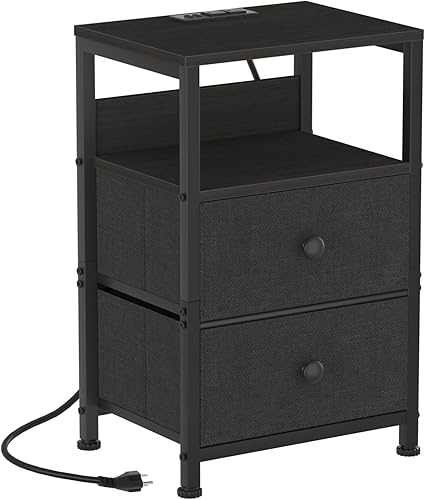 Mesita de noche con estación de carga y puertos USB, mesa auxiliar con cajones de tela, estante de almacenamiento, mesa auxiliar para sofá cama,