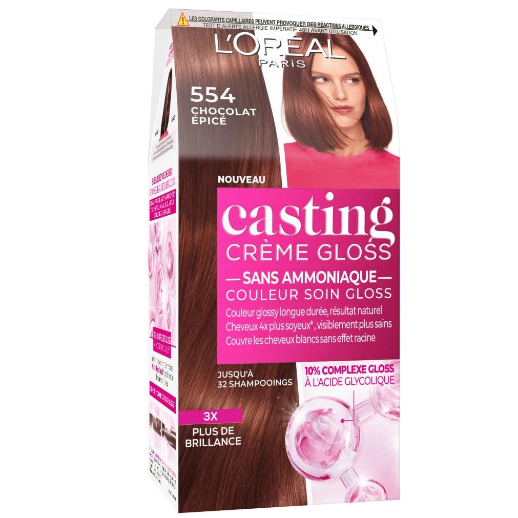 L'ORÉAL PARIS - Coloration Cheveux Semi-​Permanente Ton sur Ton - Couleur Soin Gloss - Sans Ammoniaque - Casting Crème Gloss - Nuance : Chocolat Epicé (554)