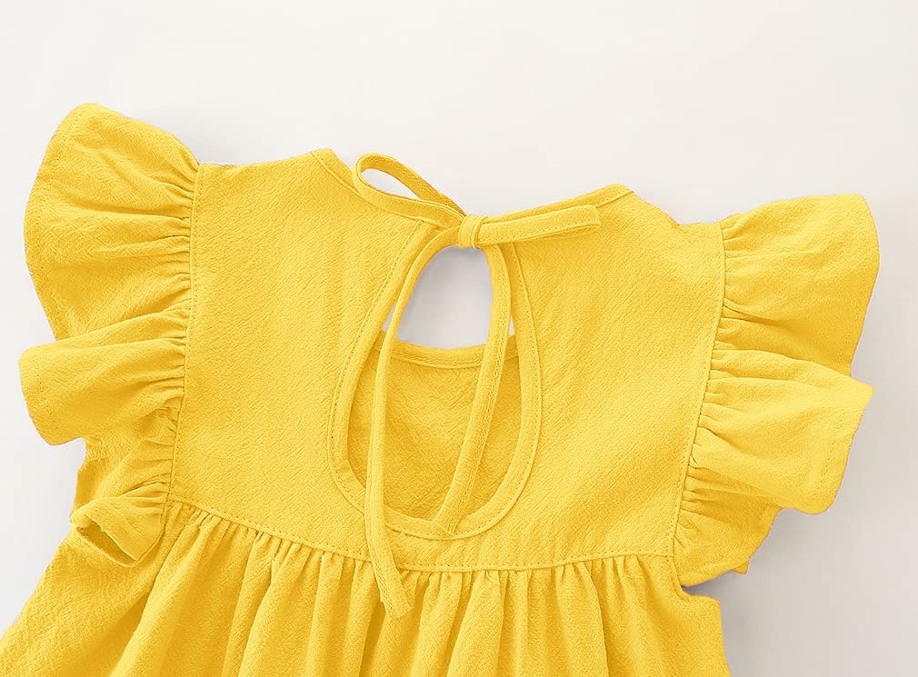 Vestido de algodón y lino con mangas con volantes, estilo casual, para verano, bohemio, para niñas