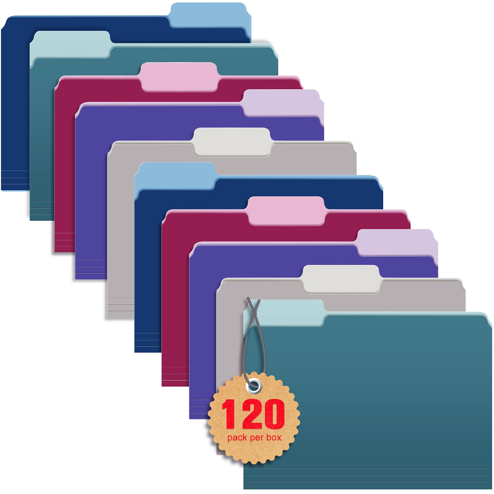 Paquete de 120 carpetas de archivos de dos tonos de 8.5 x 11 pulgadas, tamaño carta, tamaño carta, varios colores, verde azulado, violeta, gris, azul marino, burdeos, carpetas de archivos de manila,