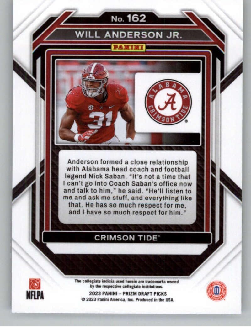 2023 Panini Prizm Draft Picks #162 Will Anderson Jr. Alabama Crimson Tide Football Card - Sportscard Superstore
