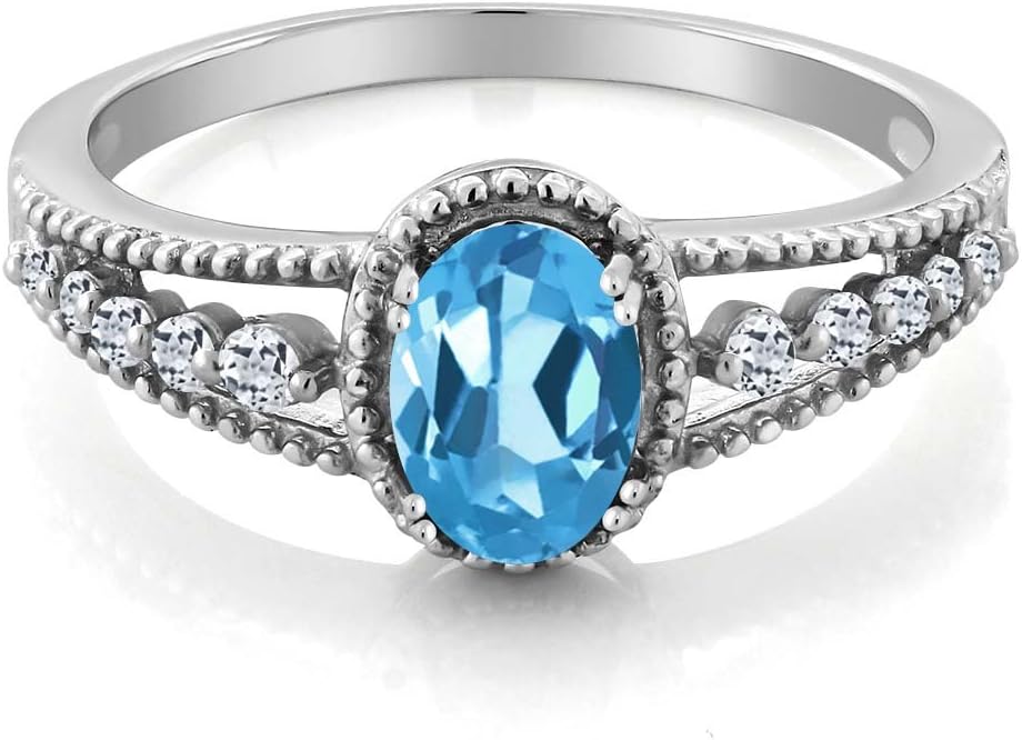 Gem Stone King Gemstone Birthstone and White Topaz Engagement Ring for Women | 925 Sterling Silver | Oval 7X5MM | Elegant Split Shank Design with Round Accents | Fine Jewelry for Her Mom Wife | Sizes