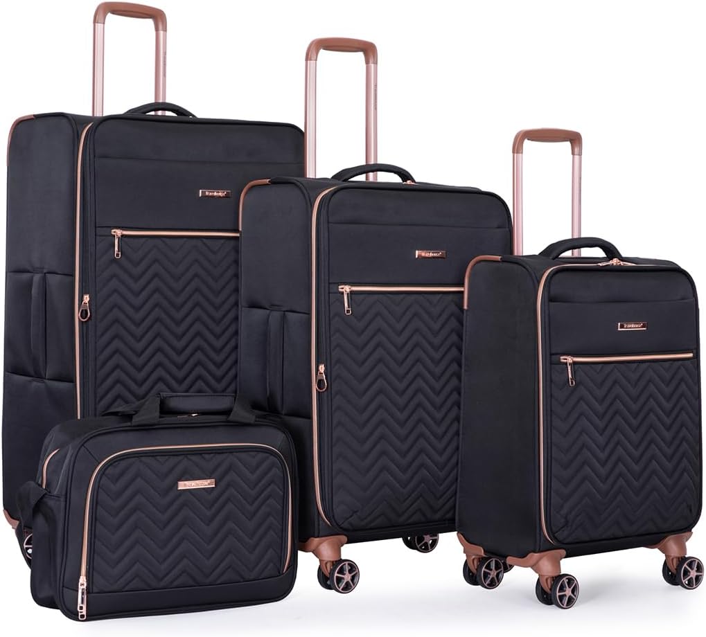 Softside Upright Luggage Set 4 piece, Terylene Expandable Lightweight Suitcase Sets with Double Spinner Wheels (16/20/24/28), Black