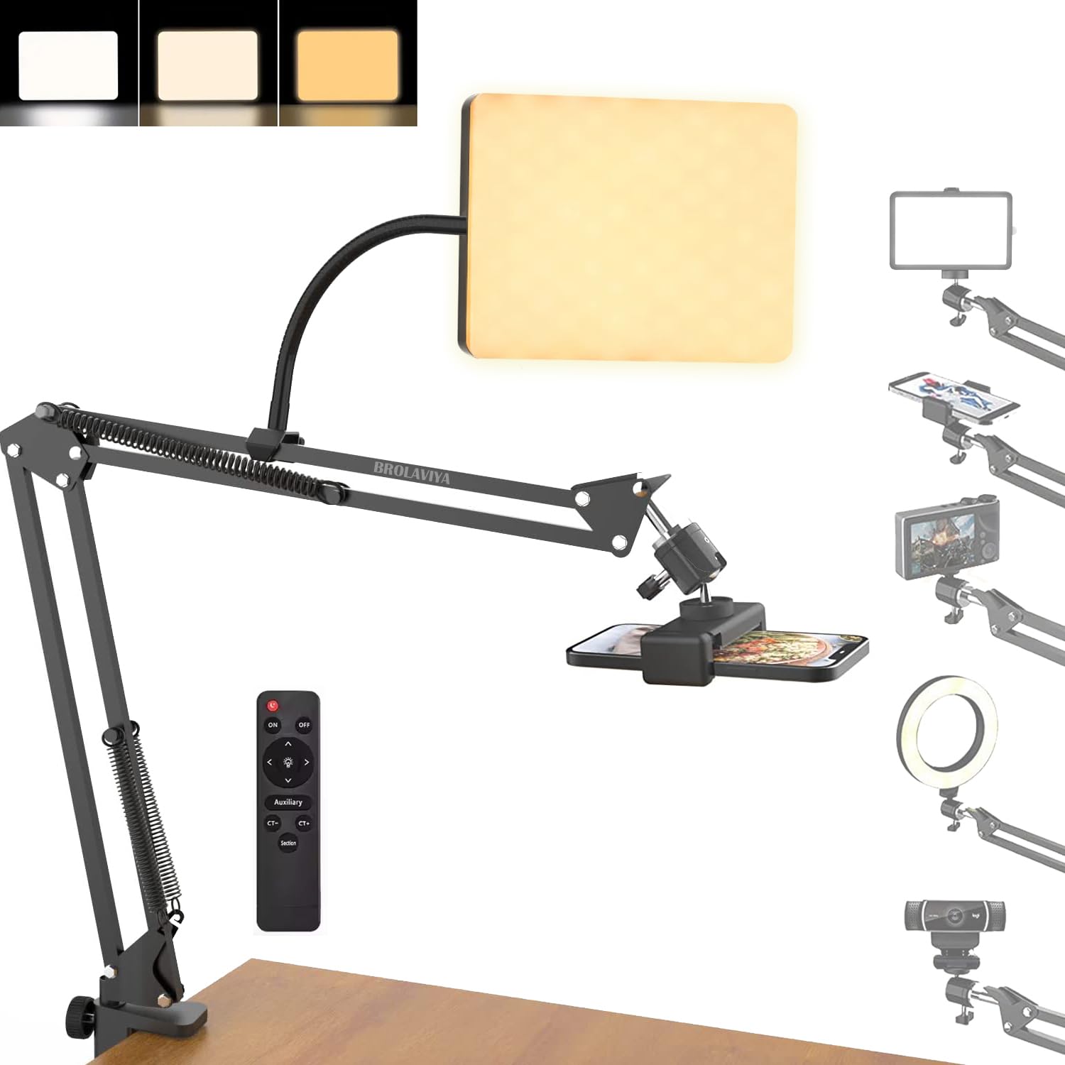 BROLAVIYA Overhead Video Mobile Stand with 11 inch Video led Light 2700 to 5500k, Metal Arm,1/4" Ball Head for Camera,Gopro,with Mobile Bracket and Flexible Clip Arm-picture-20
