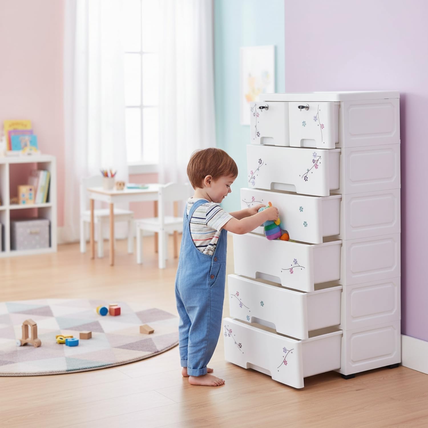 The Tickle Toe 7-Drawer Plastic Chest for Kids | White Flower Print Wardrobe & Organizer | 44L x 28.5W x 98H cm | Dresser Storage with 2 Locks-image-28