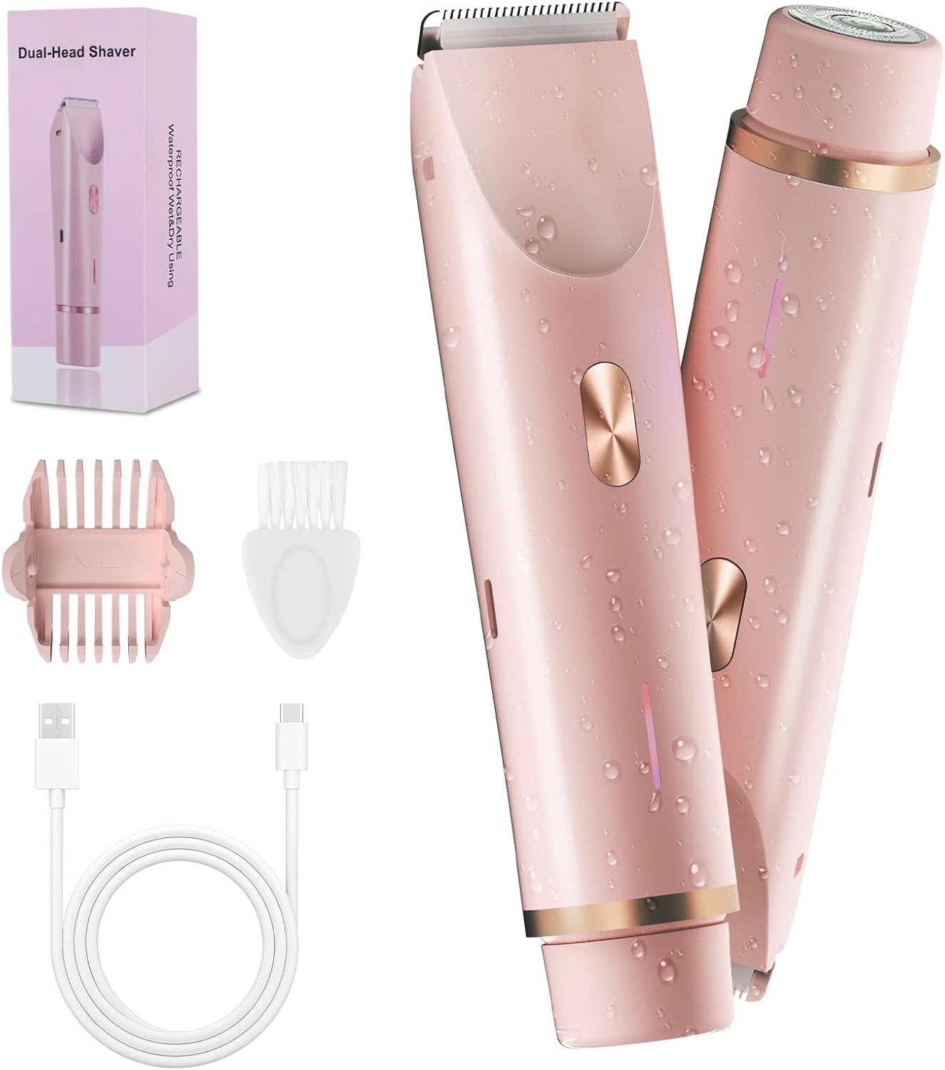 2-in-1 Bikini Trimmer for Women, Bikini Shaver with Dual Heads, Body and Facial Hair Removal, Rechargeable Cordless Electric Razors for Face Chin Pubic Underarm Legs, IPX7 Waterproof, Pink A01 Pink
