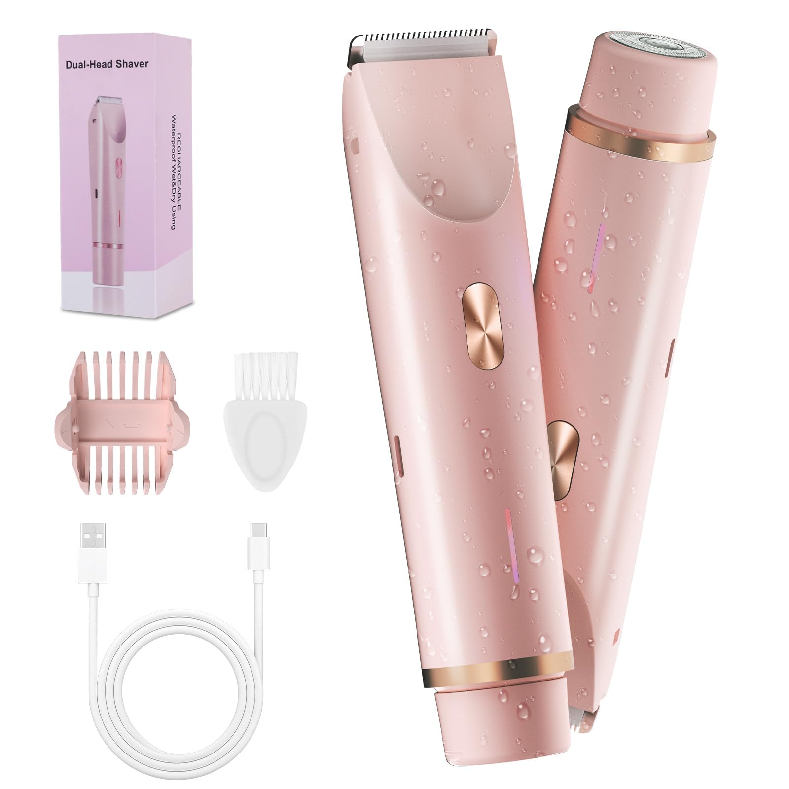 2-in-1 Bikini Trimmer for Women, Bikini Shaver with Dual Heads, Painless Body and Facial Hair Removal, Rechargeable Cordless Electric Razors for Face Chin Pubic Underarm Legs, IPX7 Waterproof, Pink