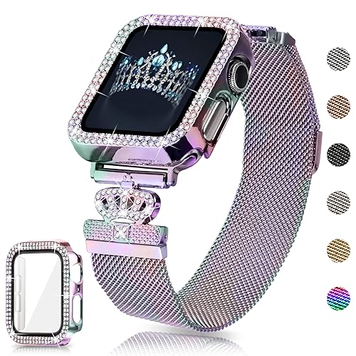 Magnetic Band Compatible with Apple Watch 38mm 40mm 41mm 42mm 44mm 45mm 46mm Stainless Steel Metal Strap with Bling Case and Built-in Screen Protector, Dressy Milanese Loop iWatch Bands for Women