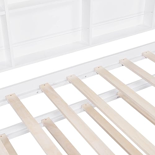 Miniatura 27 de MERITLINE Cama de casa de tamaño matrimonial con nido y estantes de almacenamiento para niños, marco de cama Montessori con rieles de valla y techo