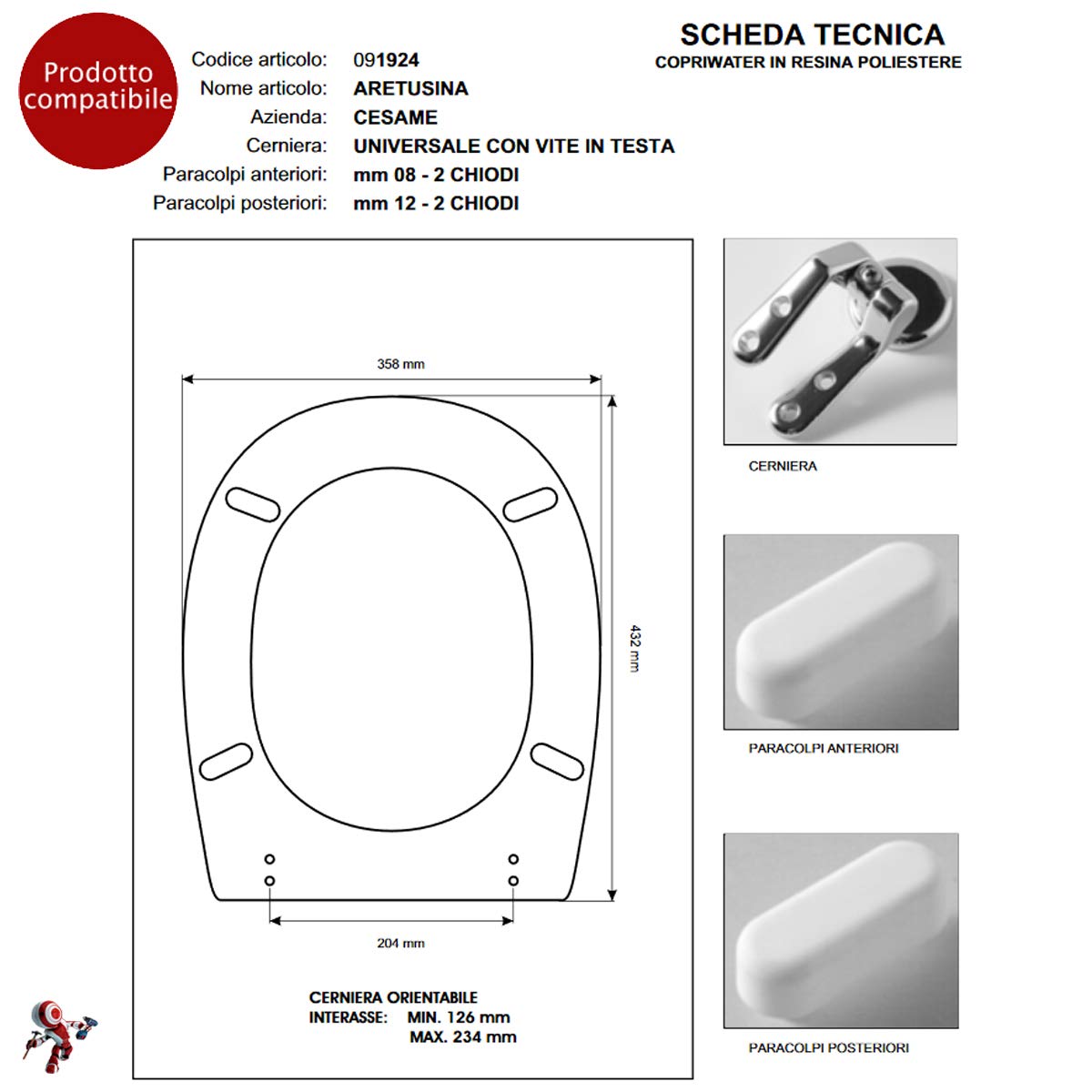 Copriwater Cesame ARETUSINA BIANCO Cerniera Cromo-Sedile-Asse Wc