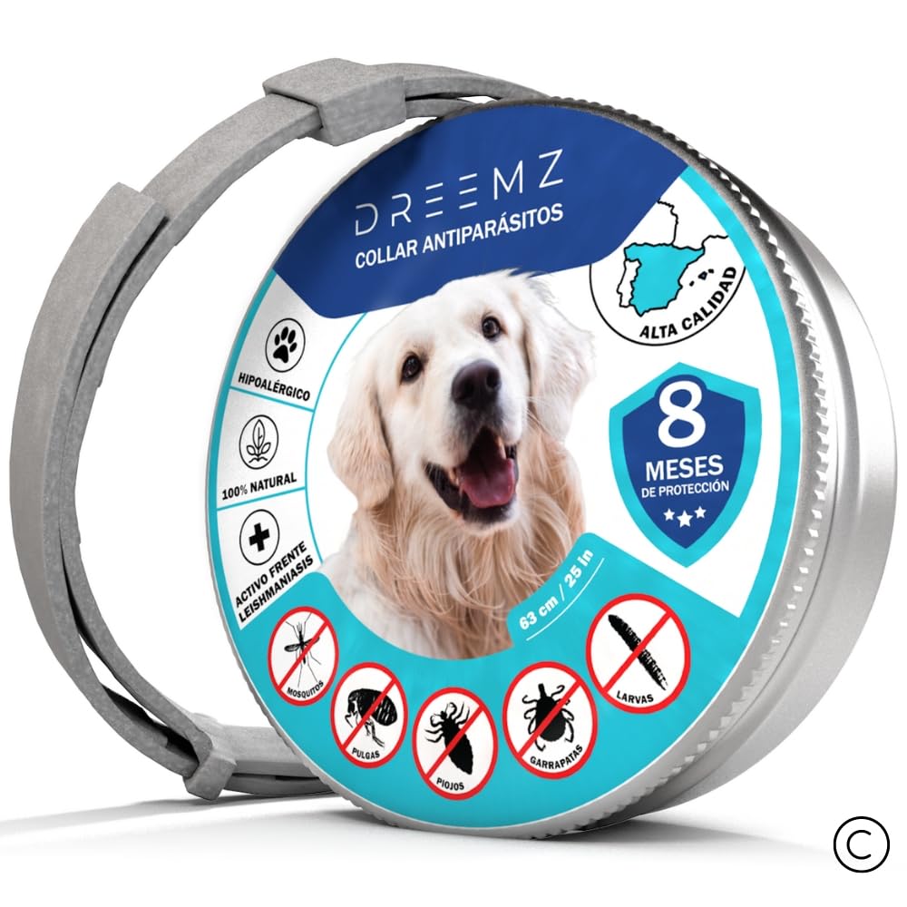 DREEMZ ® Collar Antiparasitario Perros-Collar Antipulgas-Collar contra pulgas, garrapatas y Mosquitos, 8 Meses protección-63cm Ajustable Todos tamaños-100% Natural-Impermeable-Repelente-1 unid Gris.