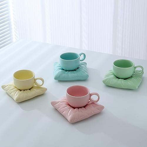 Miniatura 5 de Parlamain Juego de tazas de capuchino de cerámica azul claro de 8 onzas, lindo juego de tazas creativas para expreso, café con leche, té, apto para
