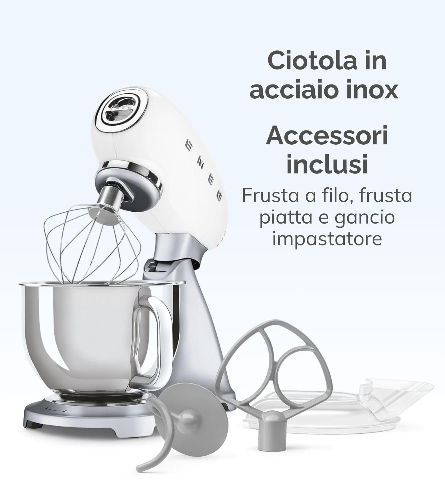 Smeg, Impastatrice Planetaria SMF04CREU, 10 Livelli di Velocità, Funzione Smooth Start e Steady Mix, Ciotola da 4,8 L, Sicurezza Blocco Motore, Inclusi 2 Fruste e Gancio Impastatore, 800 W, Panna