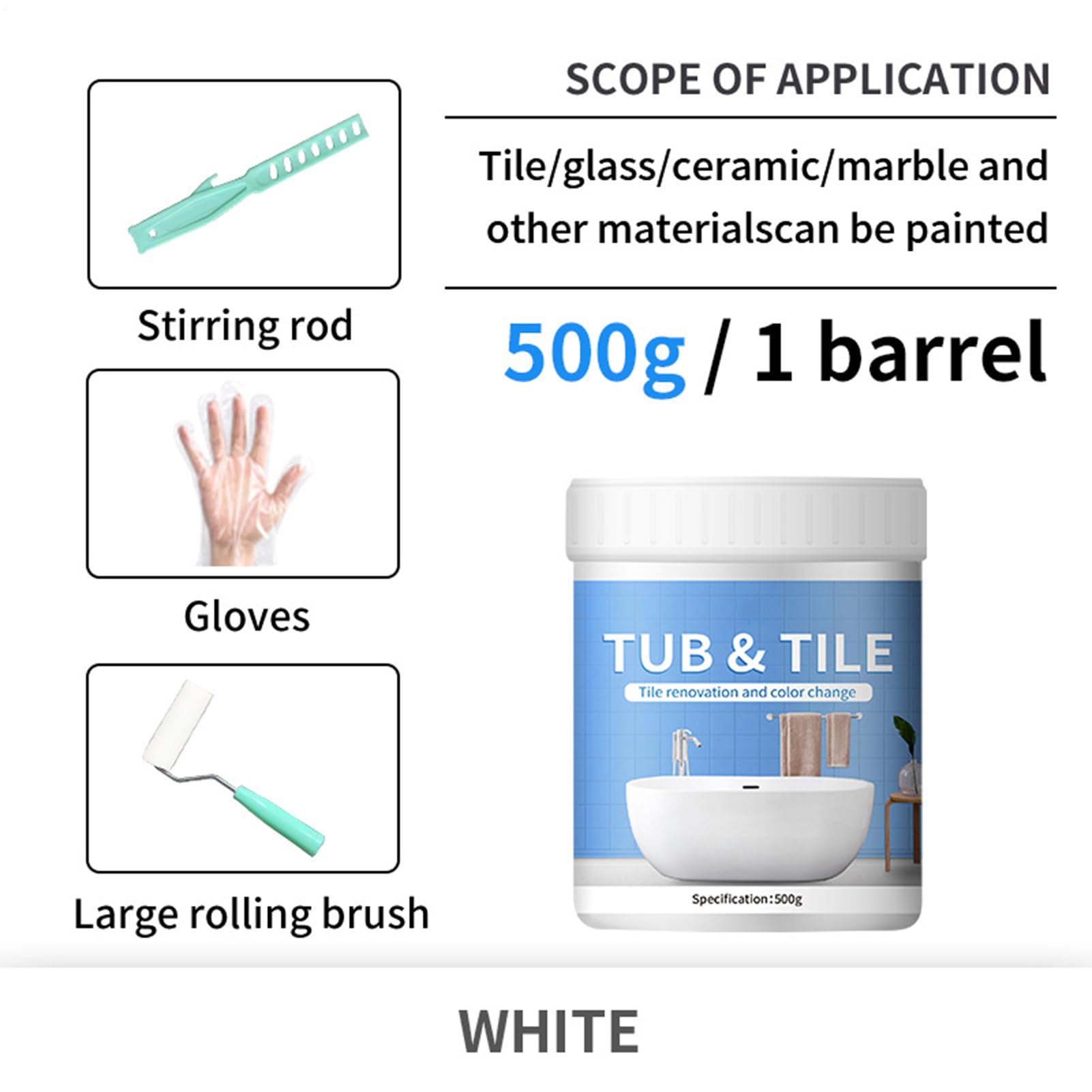Badewannenfarbe, glänzend weiß, Badewannen-Reparaturset, Bad-Emaille-Farbe, 500 g, Hochglanz-Finish, schnell trocknende Formel für Fliesen, Metall, Dusche, Waschbecken, Möbel, Chips und Schrammen