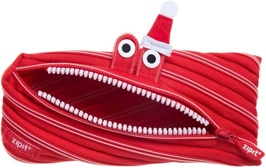 ZIPIT Christmas Monster Pencil Case for Kids | Christmas Themed Holiday Gift for Kids | Pencil Bag for Boys & Girls (Red) Pencil Case Red