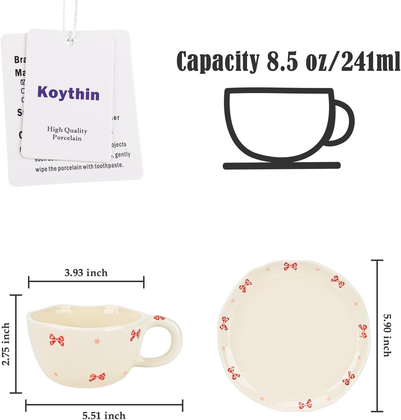 Koythin Ceramic Coffee Mug with Saucers, Handmade Flowers Mugs, Cute Cup for Girl Women, Aesthetic Tea Milk Cup with Handle, 8.5 oz/250 ml for Latte, Cocoa, Office, Home (Cute Bow) - Image 2