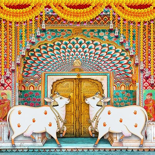 Dhara Creation Colourfull Palace Cow (8FT-8FT) Backdrop Cloth for Pooja Decoration, Traditional Background Curtain Cloth for Festival -Washable Fabric