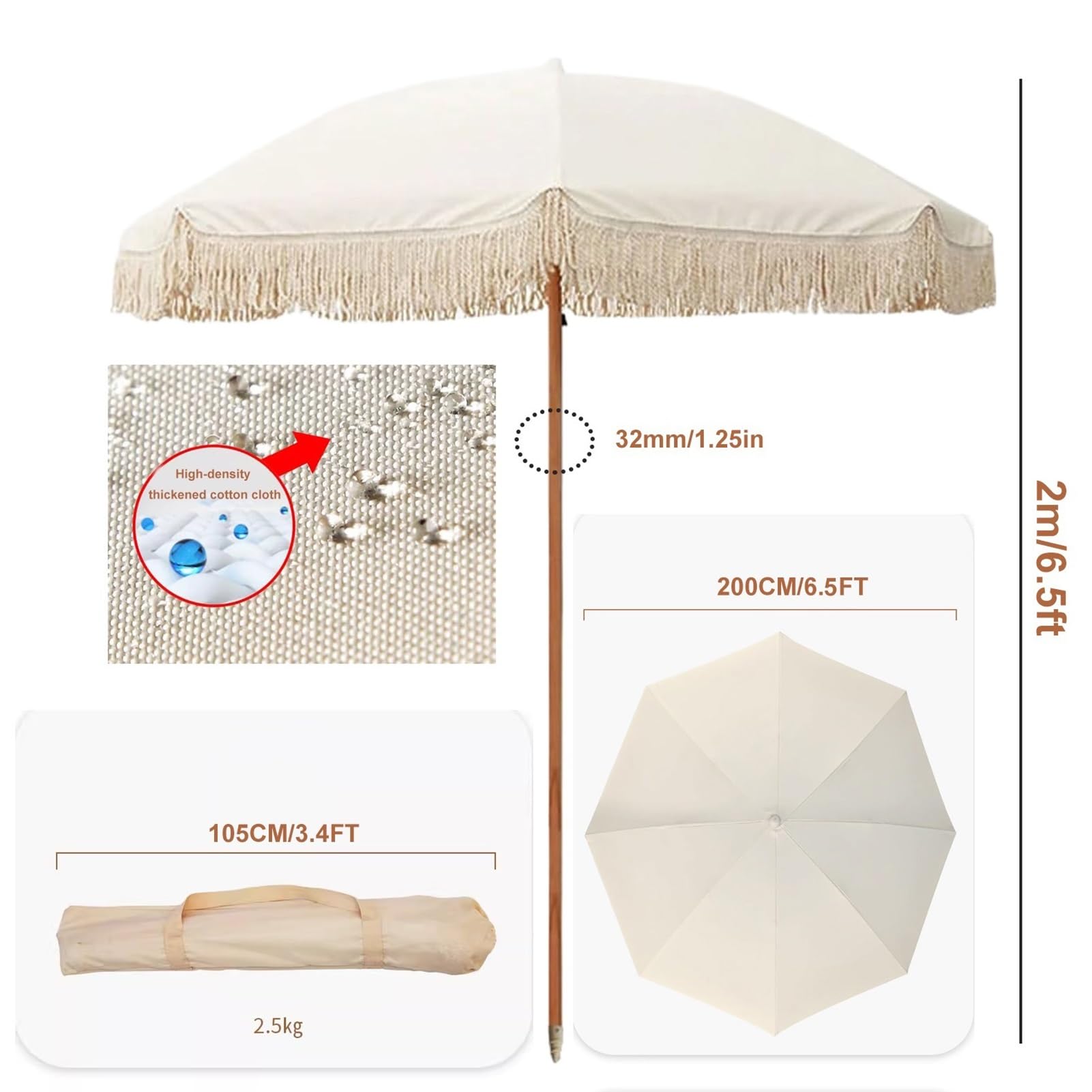 200 cm frędzlowany parasol ogrodowy, przenośny boho uchylny beach parasol, wodoodporny parasol z frędzlami