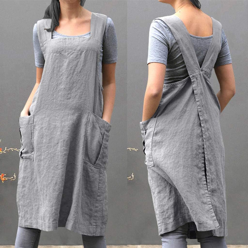 Miniatura 2 de XUNRYAN Delantal de lino de algodón para mujer, delantal cruzado en la espalda, vestido para hornear, cocinar, jardinería, trabajo, vestido con