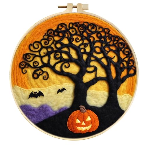 yesJRL Halloween Needle Felting Kit, Felt Painting Kits for Beginners, Bat Felt Painting Set with Wool, Starter Needle Felting Pad, Felting Needles, Felting Wool, Decorative Frame (Yellow)
