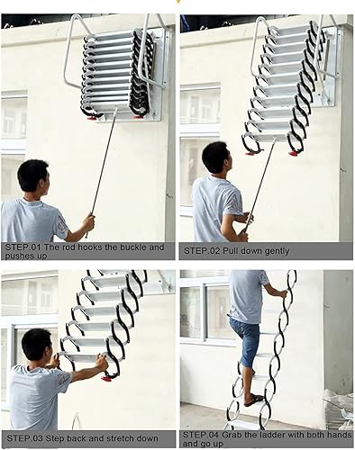 Miniatura 8 de Escalera telescópica para ático montada en la pared para loft casero, escalera de ático desplegable de aleación, escaleras de ático con pasamanos,