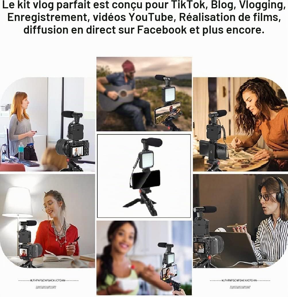 Mobilphone Smartphone vidéo Vlog Microphone, lumière LED, support téléphone, trépied, compatible iPhone, Android, pour Tiktok, Youtube, prise de vue, Vlogging, Live Streaming