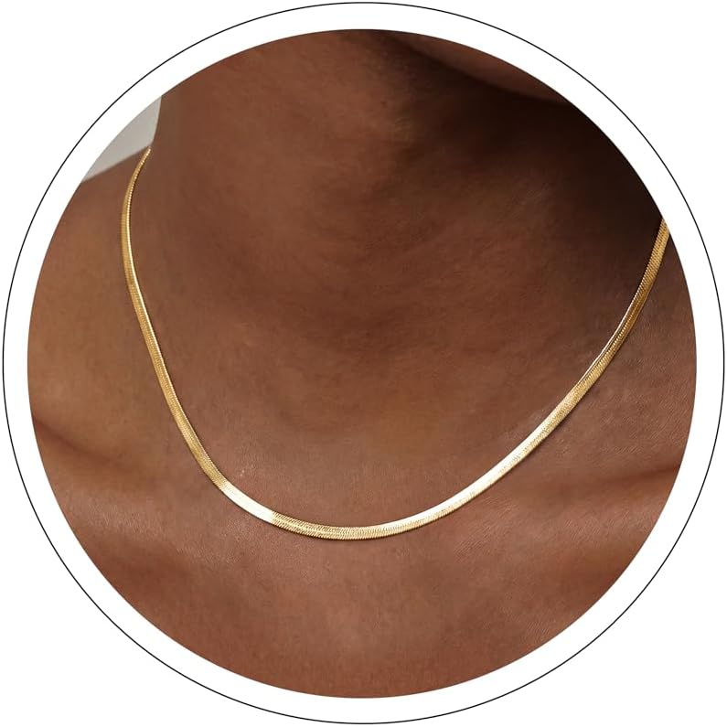 14K Gold Plated Necklaces for Women, Dainty Gold Herringbone Choker Necklace Thin Layered Snake Chain Jewelry for Gifts