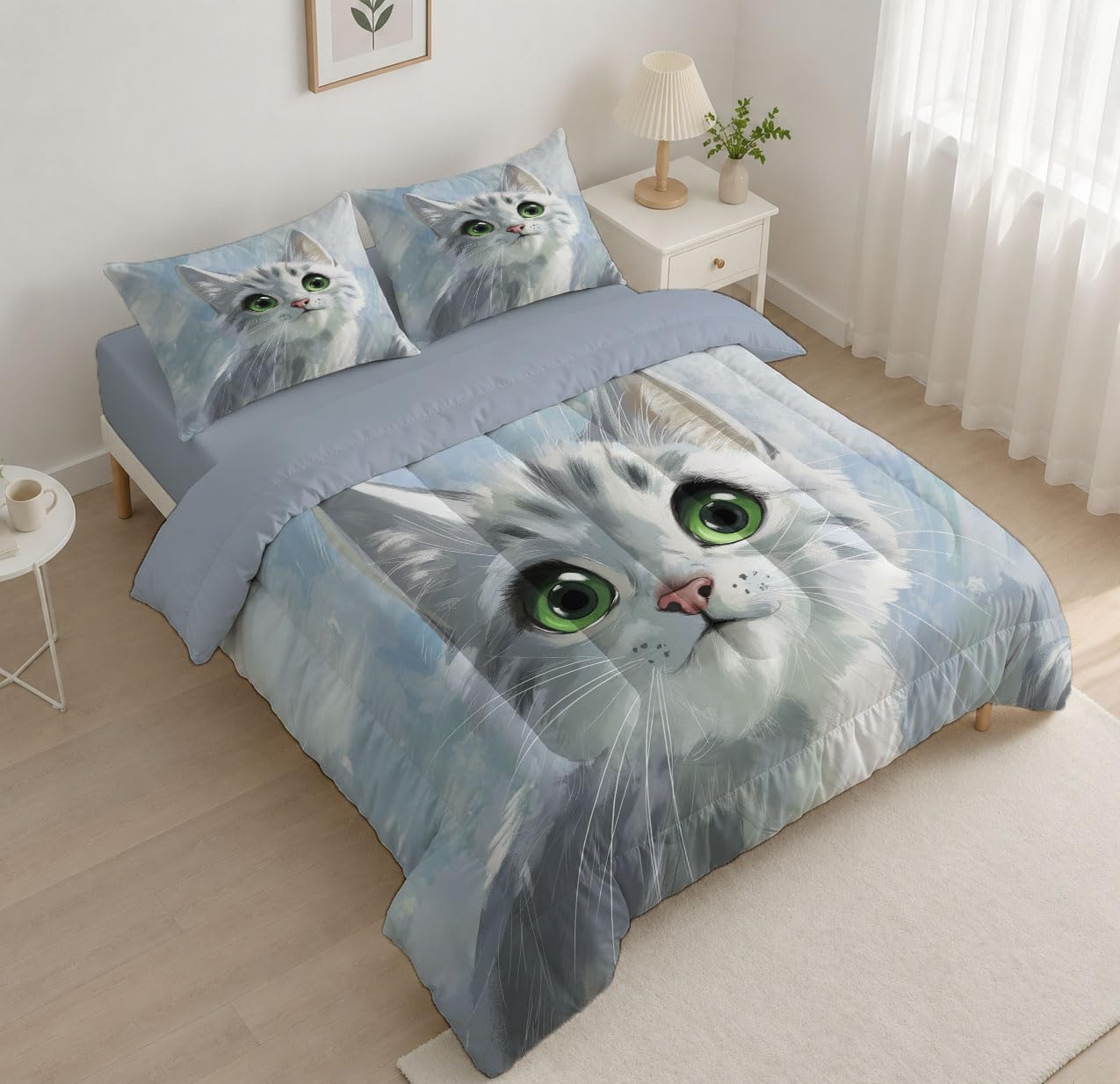 Cute Pets Comforter Set King Size, Cat Bedding Set for Girls Boys, Light Blue Quilt Bed 104"X90" Bedding Comforter Sets with 2 Pillowcase Room Decor