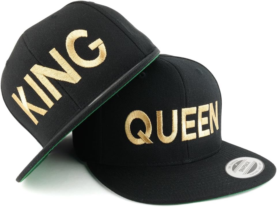 Trendy Apparel Shop King and Queen Gold Embroidered Flat Bill Structured Baseball Cap