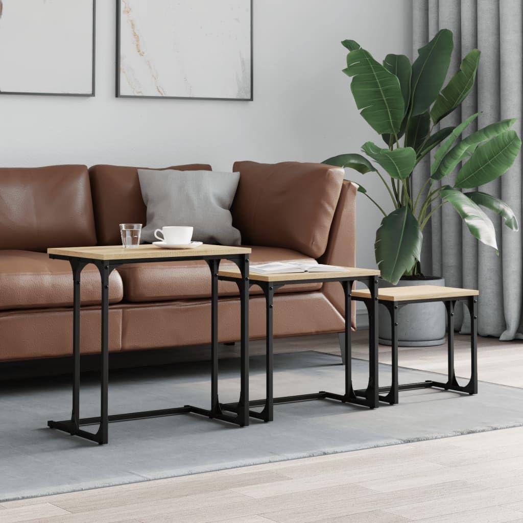 Set di 3 Tavolini da Salotto Impilabili Design Industriale in Rovere Sonoma, Multistrato e Metallo, per Interni Soggiorno Ufficio, Risparmio Spazio, Piano