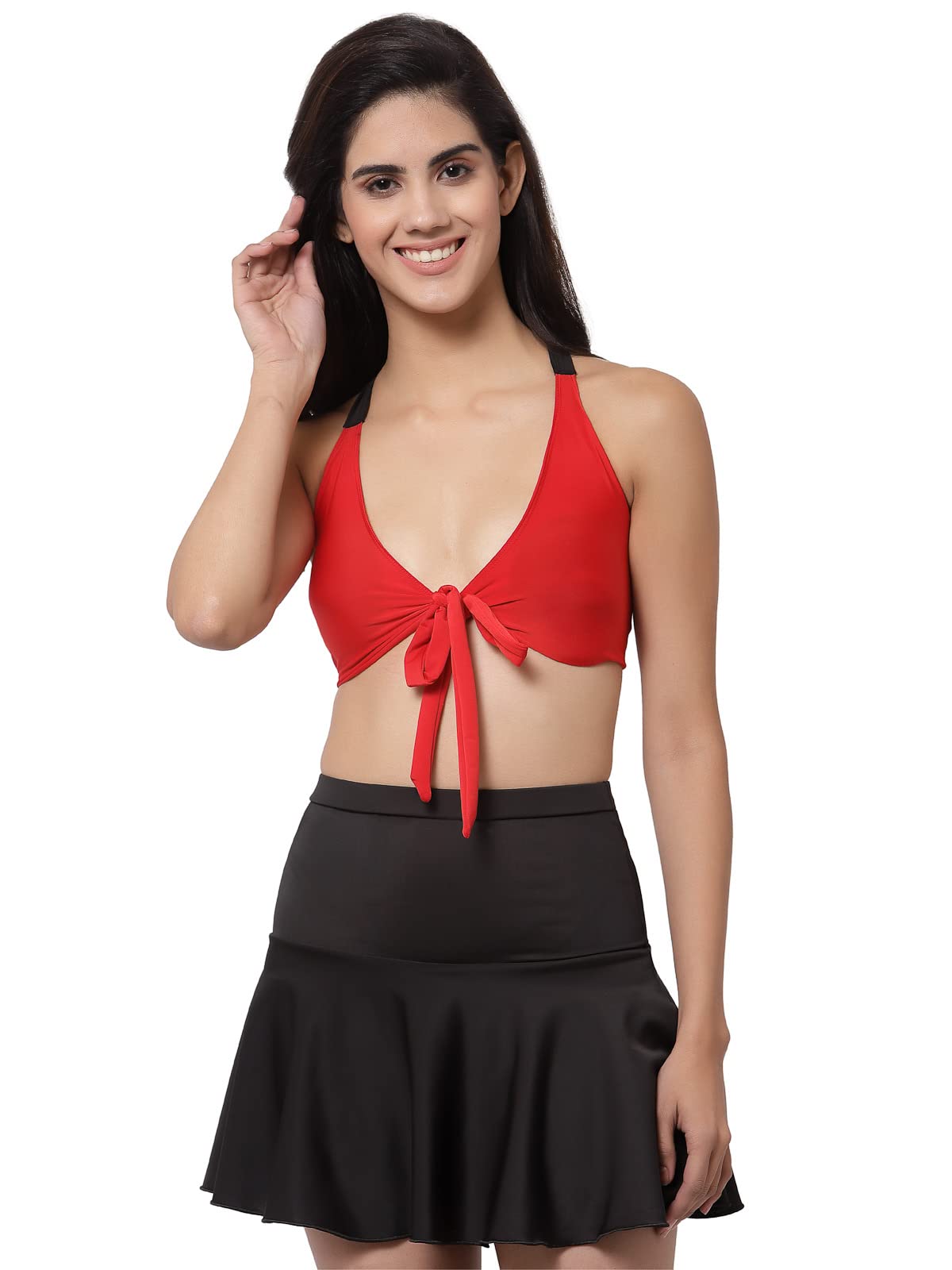 cukoo Solid Red and Black Two Piece Tankini Swimwear Set-picture-14